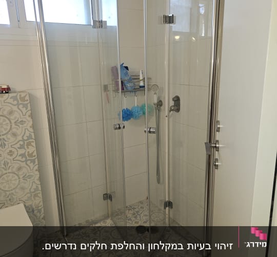 מקלחון זכוכית עם ראש מקלחת ומדף מוצרים